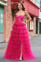 Laden Sie das Bild in den Galerie-Viewer, Fuchsia Prinzessin Trägerloses gestuftes Tüll Ballkleid