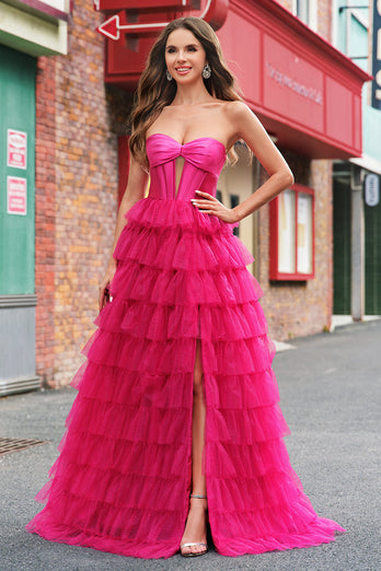 Fuchsia Prinzessin Trägerloses gestuftes Tüll Ballkleid