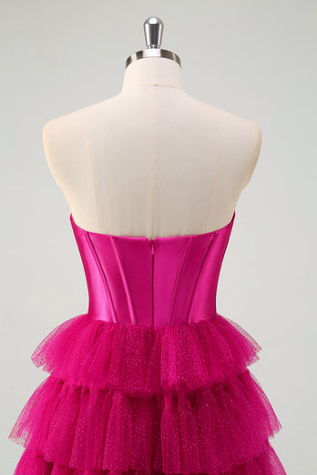 Süße fuchsia Herzausschnitt Keyhole gestufte Tüll lange Prinzessin Ballkleider mit Schlitz