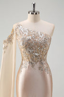 Laden Sie das Bild in den Galerie-Viewer, Glitzerndes Champagner Meerjungfrauen Pailletten eine Schulter Langes Ballkleid mit Schlitz