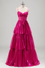 Laden Sie das Bild in den Galerie-Viewer, Glitzerndes A-Linie Fuchsia gestuftes Metallic Ballkleid mit Spaghettiträgern