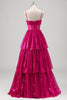 Laden Sie das Bild in den Galerie-Viewer, Glitzerndes A-Linie Fuchsia gestuftes Metallic Ballkleid mit Spaghettiträgern