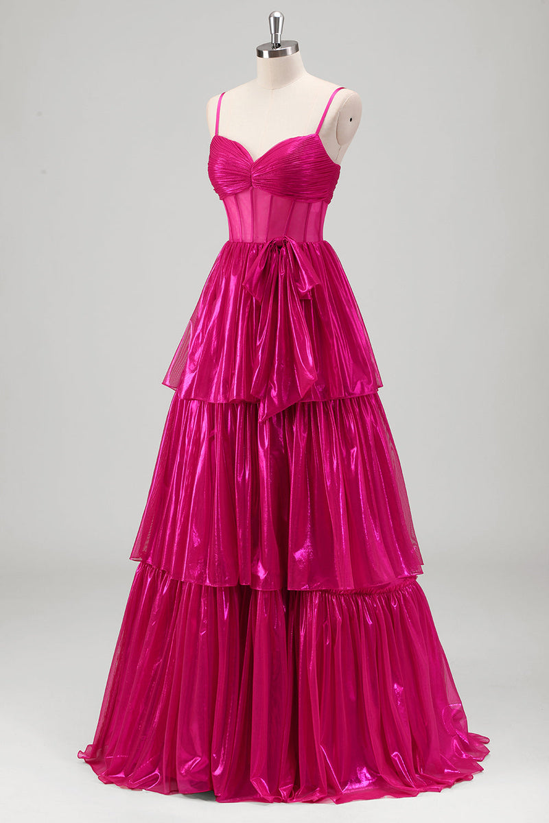 Laden Sie das Bild in den Galerie-Viewer, Glitzerndes A-Linie Fuchsia gestuftes Metallic Ballkleid mit Spaghettiträgern