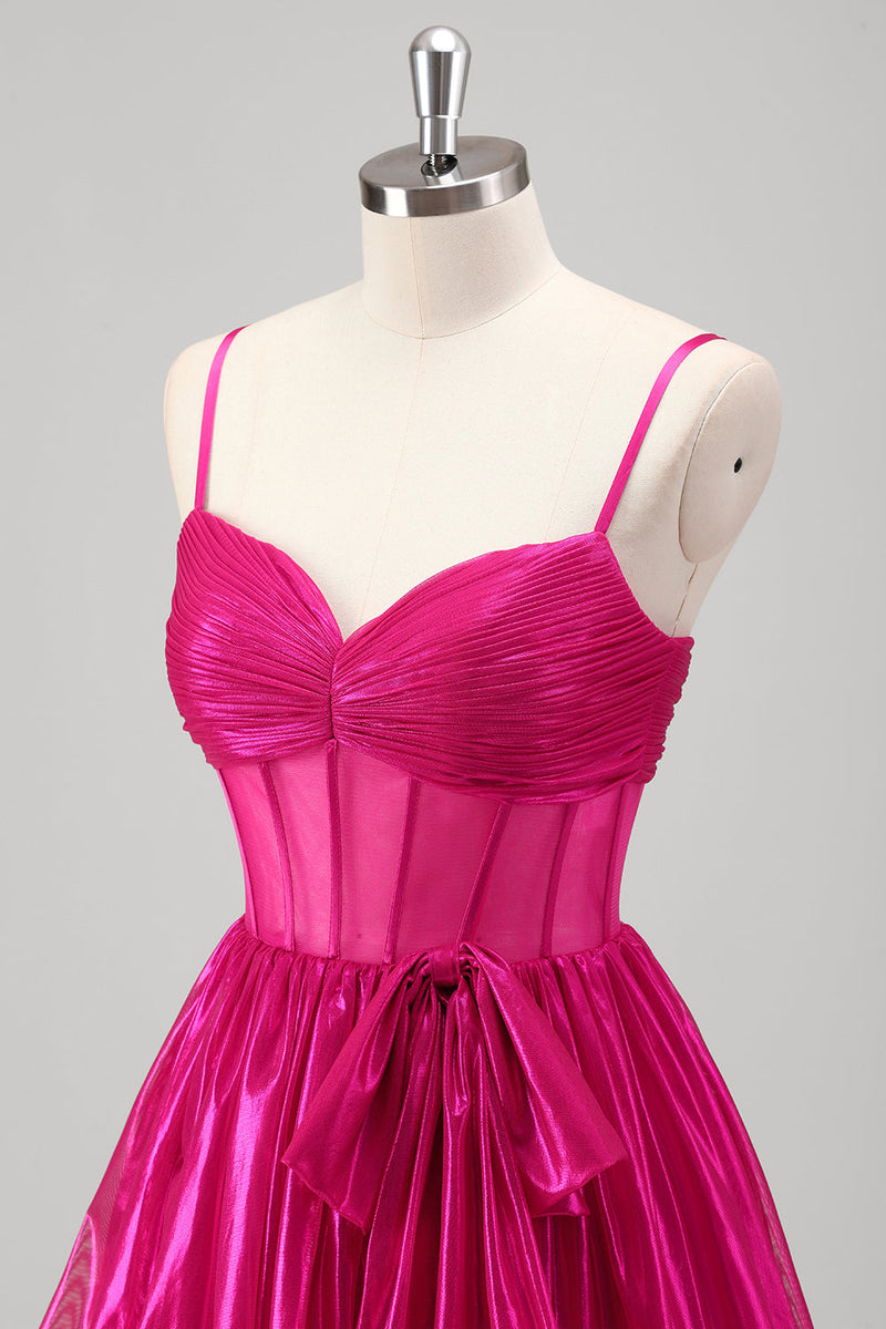 Laden Sie das Bild in den Galerie-Viewer, Glitzerndes A-Linie Fuchsia gestuftes Metallic Ballkleid mit Spaghettiträgern