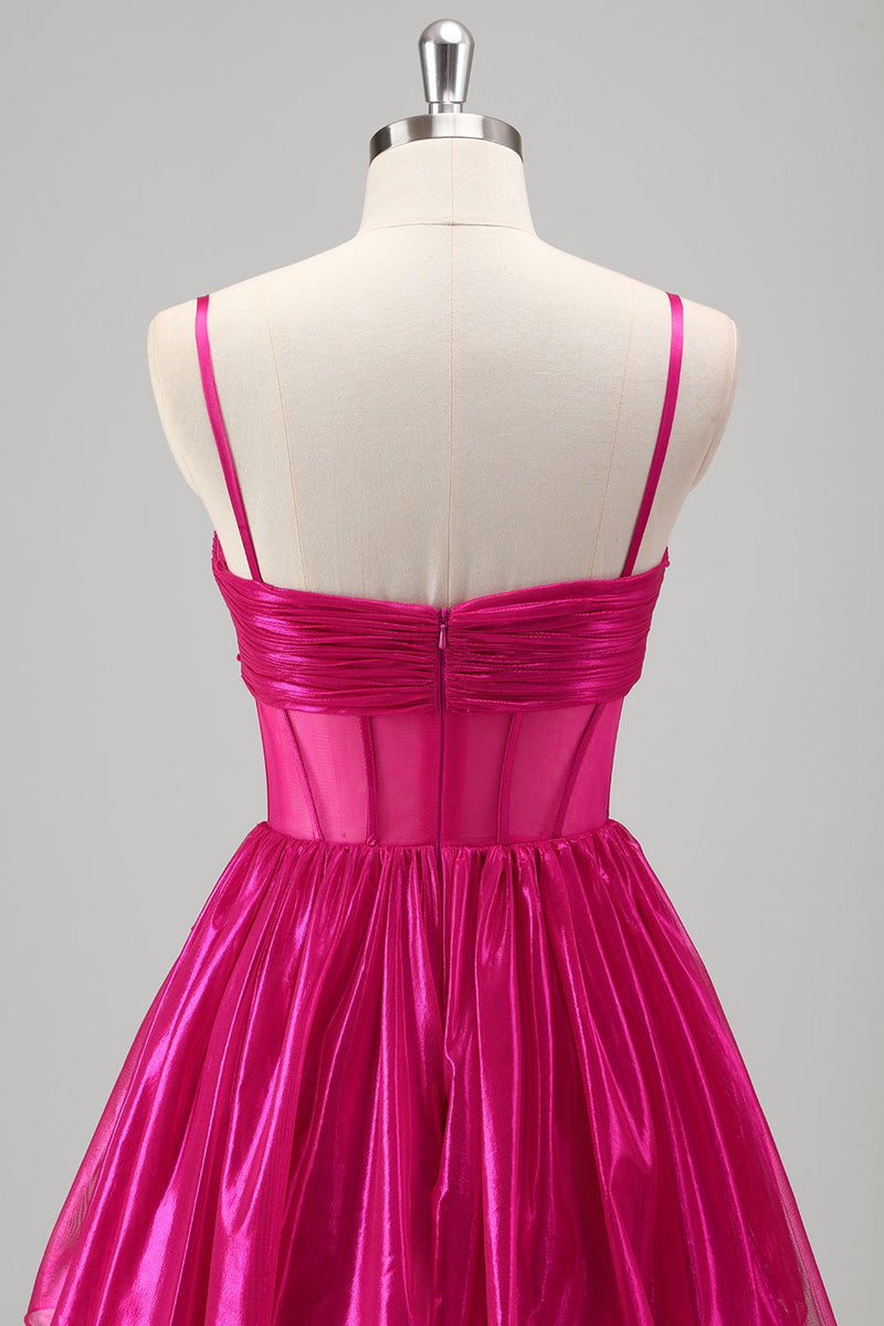 Laden Sie das Bild in den Galerie-Viewer, Glitzerndes A-Linie Fuchsia gestuftes Metallic Ballkleid mit Spaghettiträgern