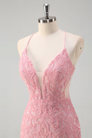 Laden Sie das Bild in den Galerie-Viewer, Funkelndes rosa Meerjungfrau Spaghettiträger Pailletten Langes Ballkleid mit Federn