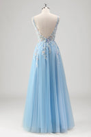 Laden Sie das Bild in den Galerie-Viewer, Hellblaues A-Linie Spaghettiträger Korsett mit Blumenapplikationen und Schlitz