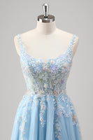 Laden Sie das Bild in den Galerie-Viewer, Hellblaues A-Linie Spaghettiträger Korsett mit Blumenapplikationen und Schlitz