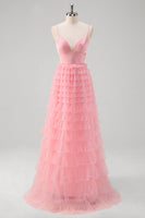 Laden Sie das Bild in den Galerie-Viewer, Rosa A-Linie Spaghettiträger Gestuftes langes Ballkleid aus Tüll