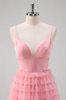 Laden Sie das Bild in den Galerie-Viewer, Rosa A-Linie Spaghettiträger Gestuftes langes Ballkleid aus Tüll