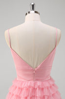 Laden Sie das Bild in den Galerie-Viewer, Rosa A-Linie Spaghettiträger Gestuftes langes Ballkleid aus Tüll