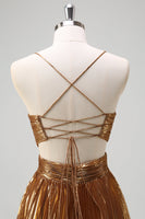 Laden Sie das Bild in den Galerie-Viewer, Glitzerndes goldenes langes A-Linie Ballkleid mit Spaghettiträgern