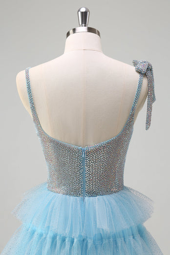 Glitzerndes A-Linie hellblaues Ballkleid mit Rüschen und Schlitz