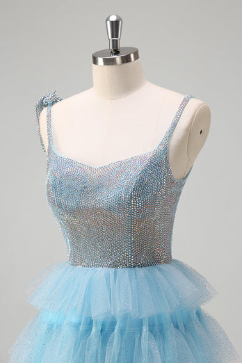 Glitzerndes A-Linie hellblaues Ballkleid mit Rüschen und Schlitz