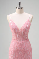 Laden Sie das Bild in den Galerie-Viewer, Glitzerndes hellrosa Meerjungfrauen Korsett Pailletten Abendkleid mit Schlitz