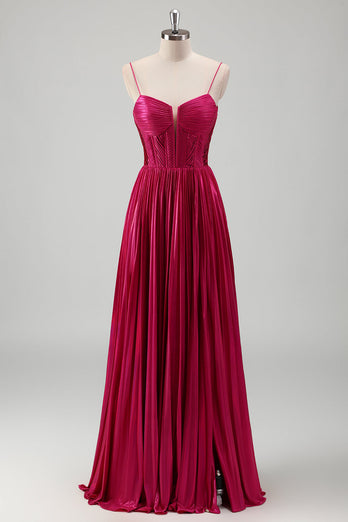 Fuchsia A-Linie Spaghettiträger Korsett Ballkleid mit Spitze am Rücken