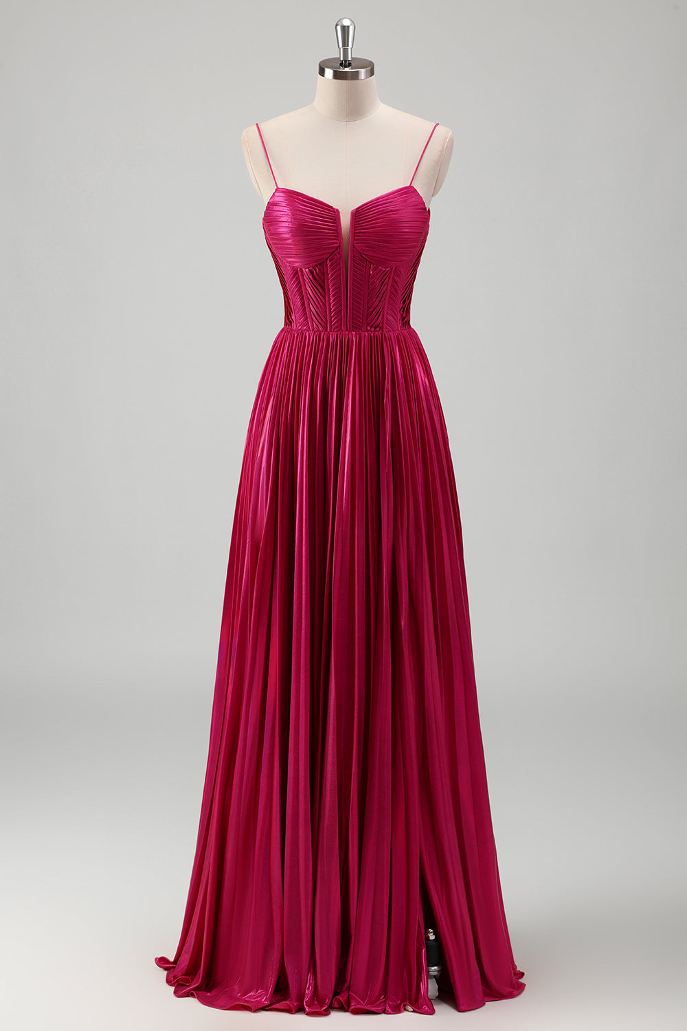 Fuchsia A-Linie Spaghettiträger Korsett Ballkleid mit Spitze am Rücken