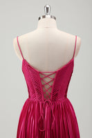 Laden Sie das Bild in den Galerie-Viewer, Fuchsia A-Linie Spaghettiträger Korsett Ballkleid mit Spitze am Rücken