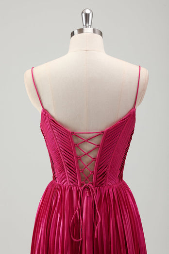 Fuchsia A-Linie Spaghettiträger Korsett Ballkleid mit Spitze am Rücken