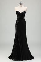 Laden Sie das Bild in den Galerie-Viewer, Glitzerndes schwarzes Meerjungfrau trägerloses Korsett Langes Ballkleid mit Schlitz