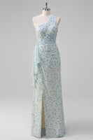 Laden Sie das Bild in den Galerie-Viewer, Weiß Blau Blume Eine Schulter Brautjungfernkleid mit Schlitz