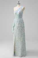 Laden Sie das Bild in den Galerie-Viewer, Weiß Blau Blume Eine Schulter Brautjungfernkleid mit Schlitz