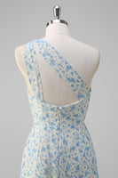 Laden Sie das Bild in den Galerie-Viewer, Weiß Blau Blume Eine Schulter Brautjungfernkleid mit Schlitz