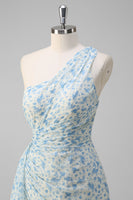 Laden Sie das Bild in den Galerie-Viewer, Weiß Blau Blume Eine Schulter Brautjungfernkleid mit Schlitz