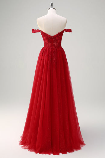 Rotes schulterfreies Tüll Ballkleid mit Schlitz