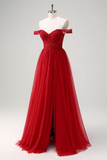 Rotes schulterfreies Tüll Ballkleid mit Schlitz