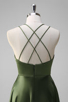 Laden Sie das Bild in den Galerie-Viewer, A-Linie V-Ausschnitt Satin Spaghettiträger Brautjungfernkleid mit Rüschen Olive