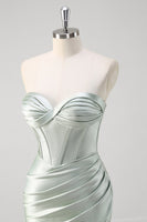 Laden Sie das Bild in den Galerie-Viewer, Matcha Meerjungfrau Herzausschnitt Satin Rüschen Langes Korsett Ballkleid mit Schlitz
