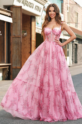 Blush Blumen A Linie Spaghettiträger Plissee Korsett Ballkleid