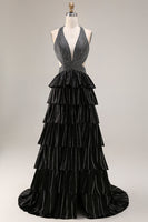Laden Sie das Bild in den Galerie-Viewer, Schwarzes Gestuftes Rüschen A-Line Neckholder Rückenfreies Langes Ballkleid mit Schlitz