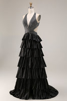 Laden Sie das Bild in den Galerie-Viewer, Schwarzes Gestuftes Rüschen A-Line Neckholder Rückenfreies Langes Ballkleid mit Schlitz