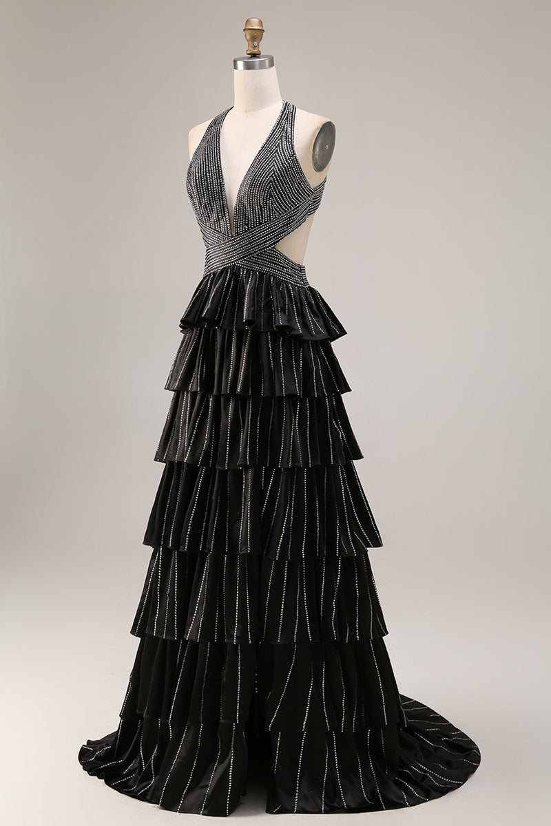 Laden Sie das Bild in den Galerie-Viewer, Schwarzes Gestuftes Rüschen A-Line Neckholder Rückenfreies Langes Ballkleid mit Schlitz
