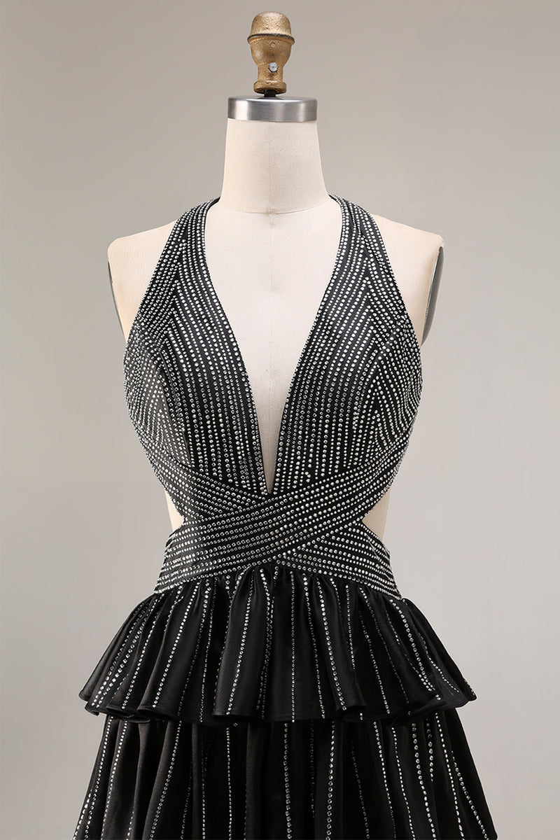 Laden Sie das Bild in den Galerie-Viewer, Schwarzes Gestuftes Rüschen A-Line Neckholder Rückenfreies Langes Ballkleid mit Schlitz