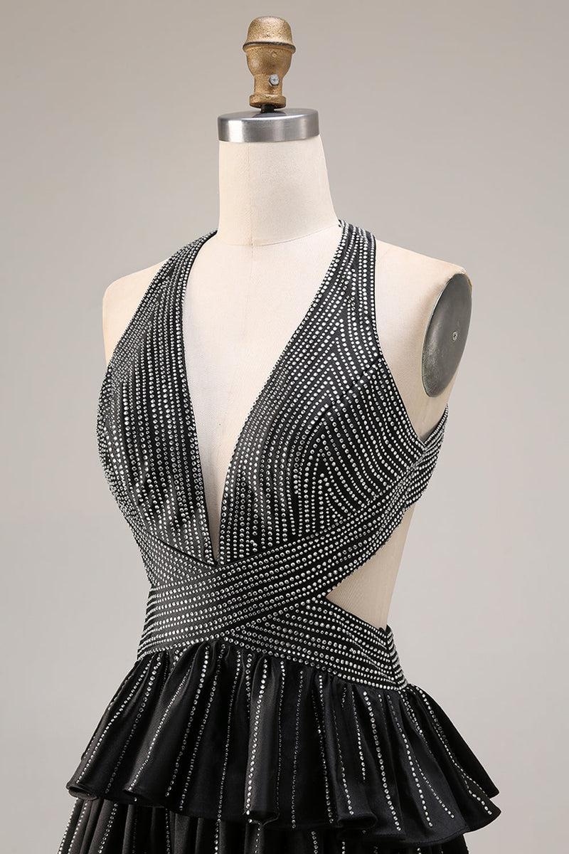 Laden Sie das Bild in den Galerie-Viewer, Schwarzes Gestuftes Rüschen A-Line Neckholder Rückenfreies Langes Ballkleid mit Schlitz