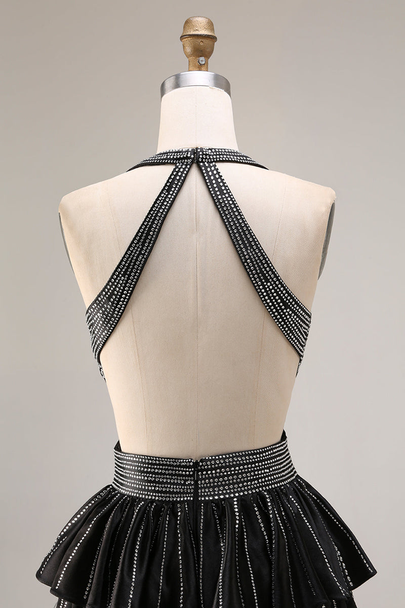 Laden Sie das Bild in den Galerie-Viewer, Schwarzes Gestuftes Rüschen A-Line Neckholder Rückenfreies Langes Ballkleid mit Schlitz