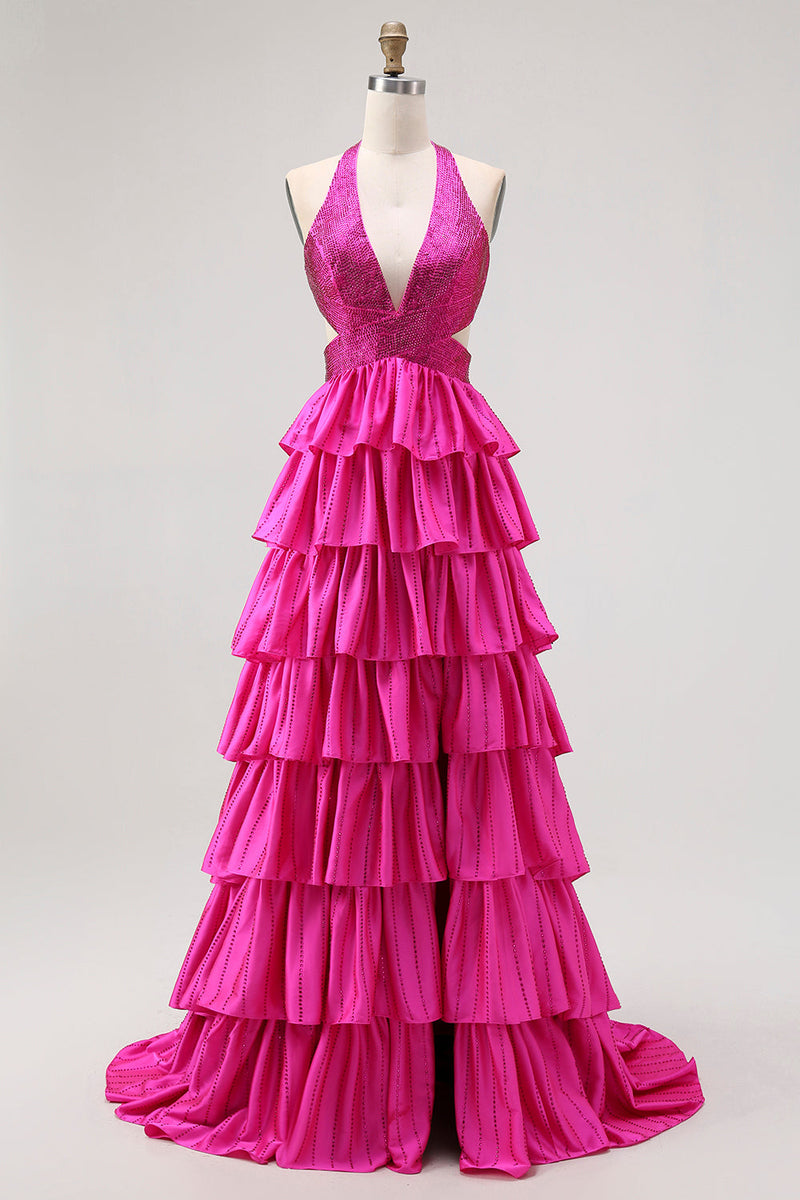 Laden Sie das Bild in den Galerie-Viewer, Schwarzes Gestuftes Rüschen A-Line Neckholder Rückenfreies Langes Ballkleid mit Schlitz