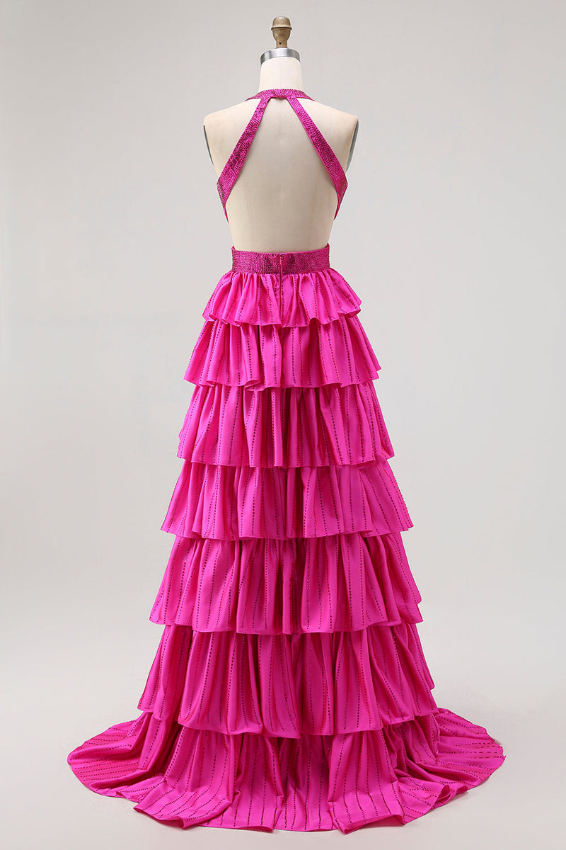 Laden Sie das Bild in den Galerie-Viewer, Schwarzes Gestuftes Rüschen A-Line Neckholder Rückenfreies Langes Ballkleid mit Schlitz