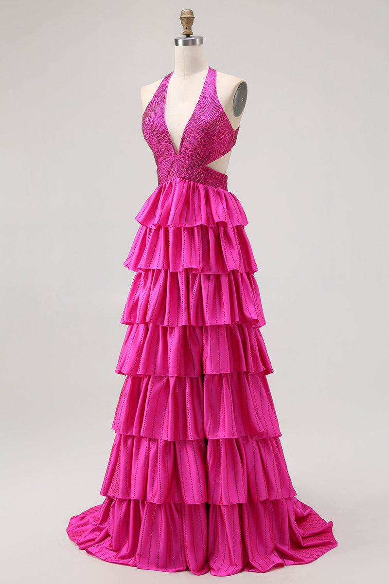 Laden Sie das Bild in den Galerie-Viewer, Schwarzes Gestuftes Rüschen A-Line Neckholder Rückenfreies Langes Ballkleid mit Schlitz