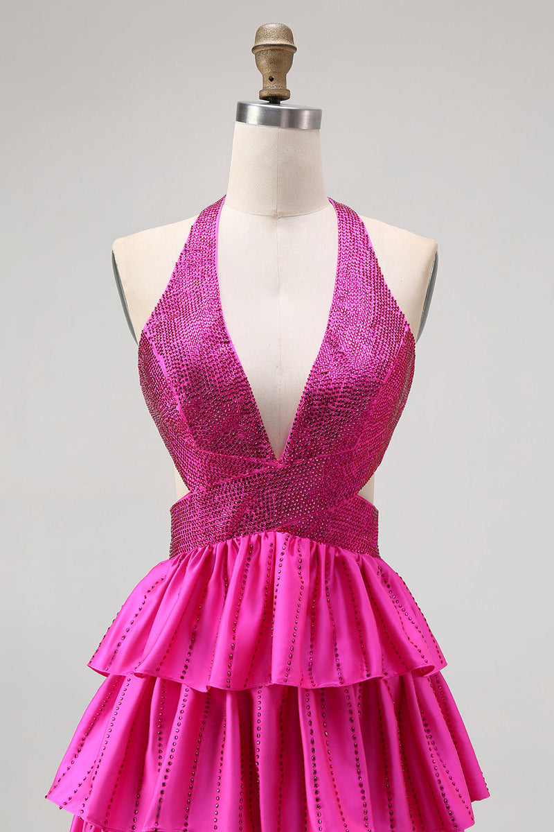Laden Sie das Bild in den Galerie-Viewer, Schwarzes Gestuftes Rüschen A-Line Neckholder Rückenfreies Langes Ballkleid mit Schlitz