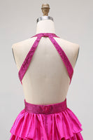 Laden Sie das Bild in den Galerie-Viewer, Schwarzes Gestuftes Rüschen A-Line Neckholder Rückenfreies Langes Ballkleid mit Schlitz
