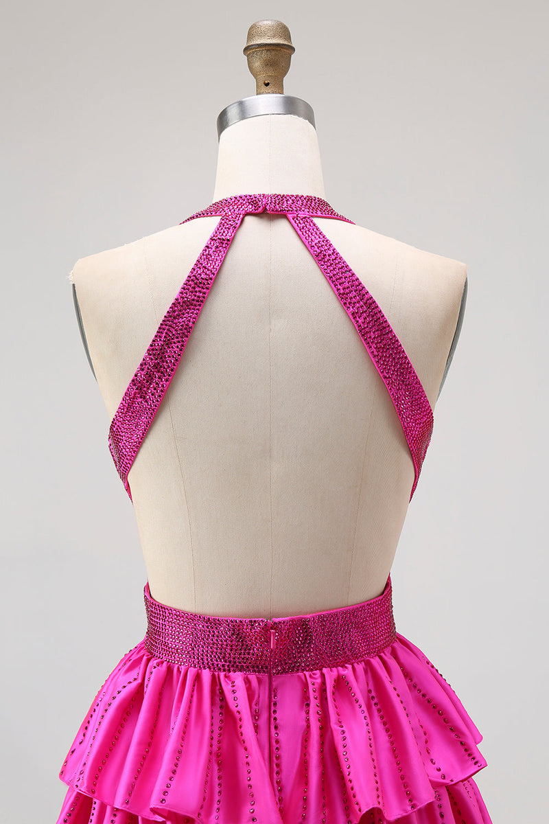 Laden Sie das Bild in den Galerie-Viewer, Schwarzes Gestuftes Rüschen A-Line Neckholder Rückenfreies Langes Ballkleid mit Schlitz