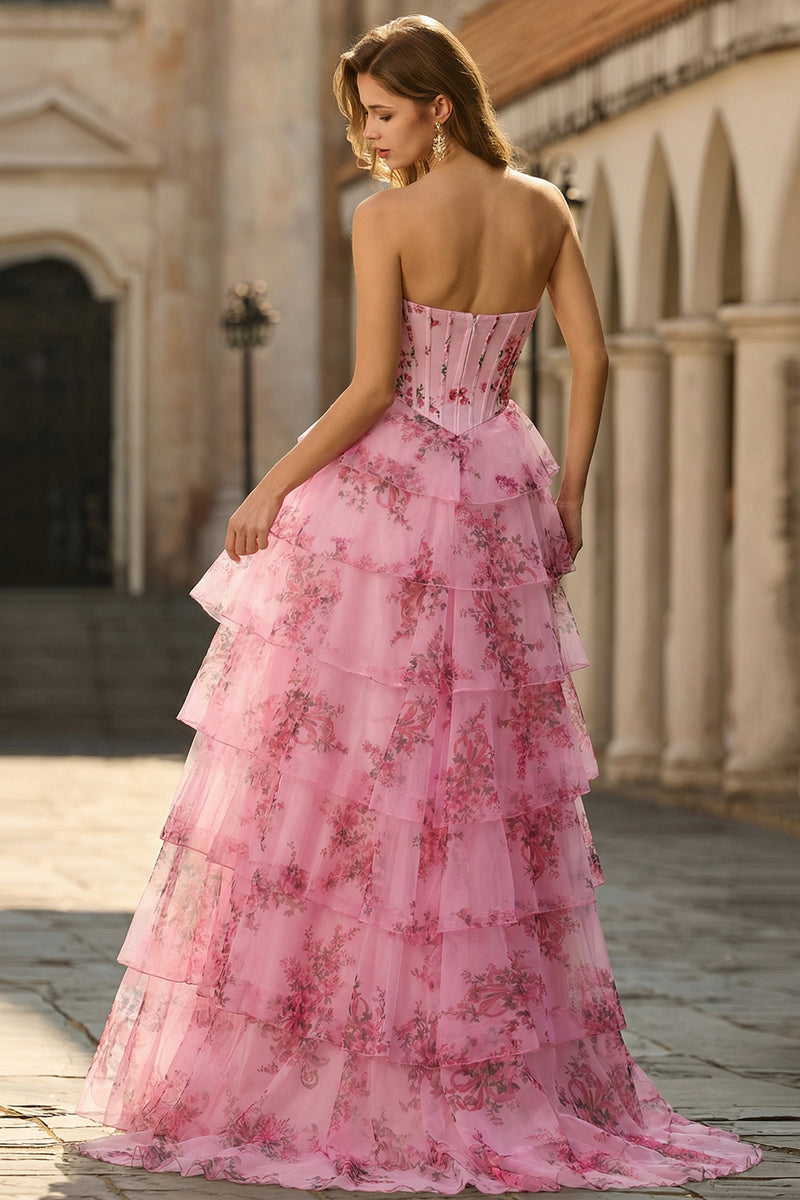 Laden Sie das Bild in den Galerie-Viewer, Blau Weiß Blumen Stufen Langes Übergröße Ballkleid mit Schlitz