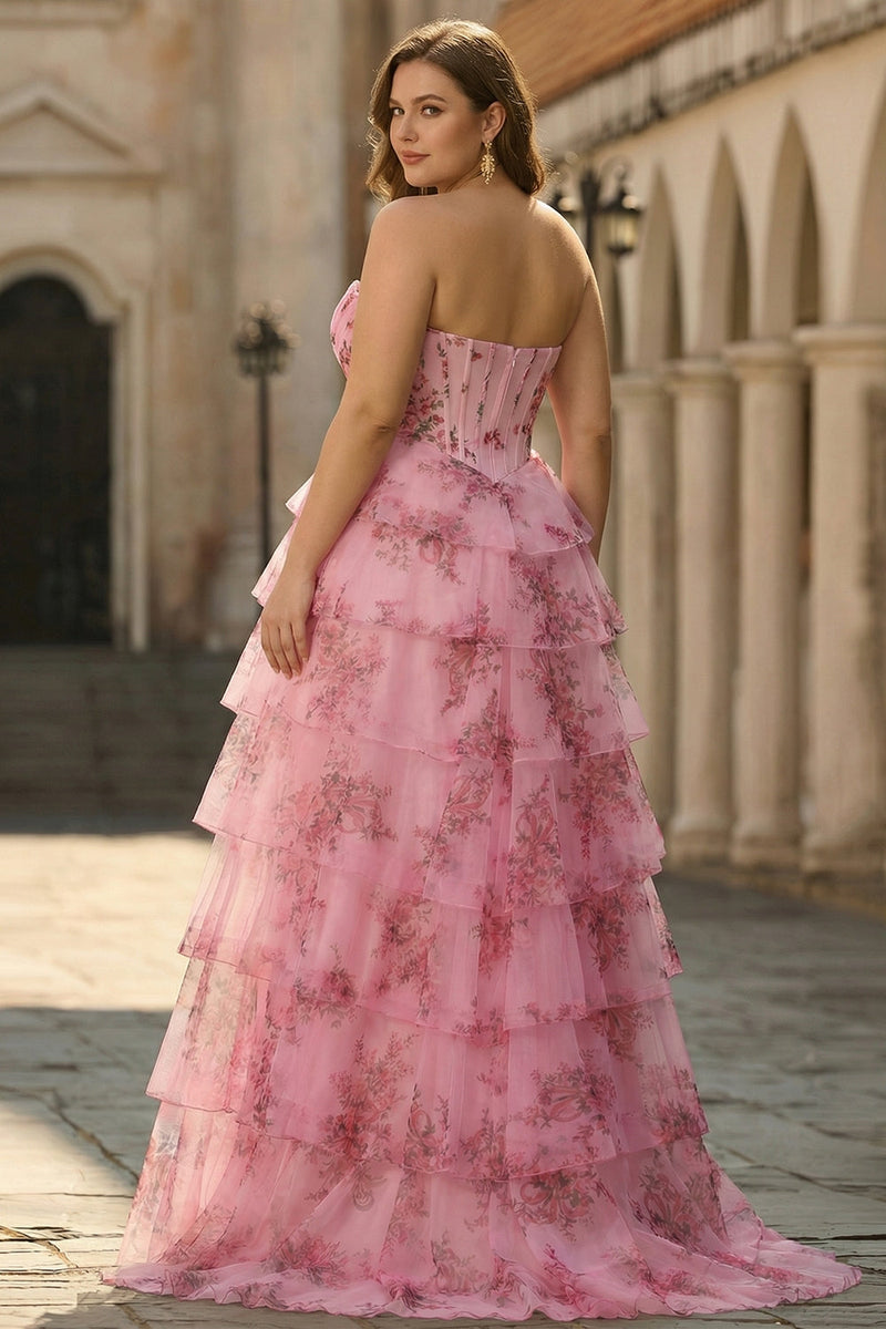Laden Sie das Bild in den Galerie-Viewer, Blau Weiß Blumen Stufen Langes Übergröße Ballkleid mit Schlitz