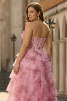 Laden Sie das Bild in den Galerie-Viewer, Blau Weiß Blumen Stufen Langes Übergröße Ballkleid mit Schlitz