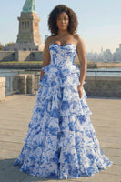 Laden Sie das Bild in den Galerie-Viewer, Blau Weiß Blumen Stufen Langes Übergröße Ballkleid mit Schlitz
