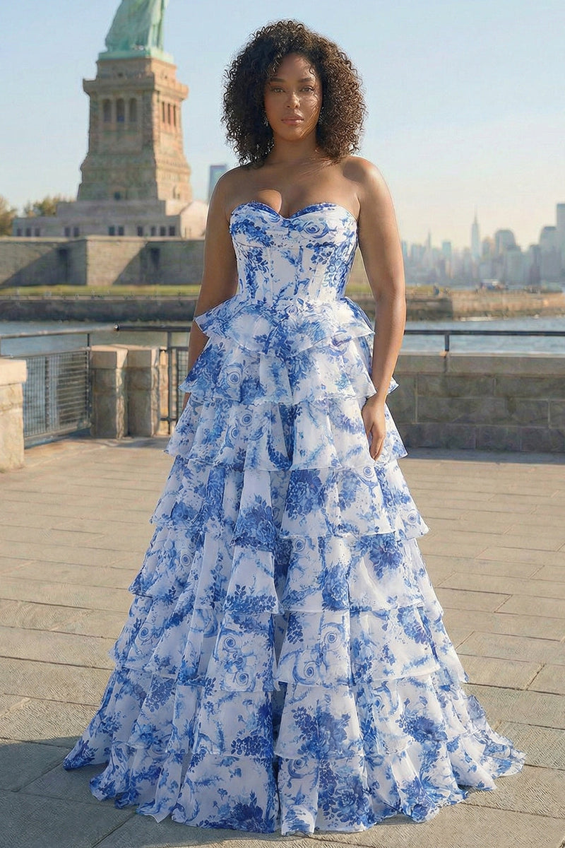 Laden Sie das Bild in den Galerie-Viewer, Blau Weiß Blumen Stufen Langes Übergröße Ballkleid mit Schlitz